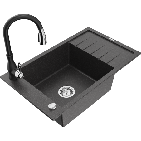 Mexen Elias chiuvetă granitică cu 1 cuvă cu scurgător și baterie de bucătărie Savita, negru cu pete - 6511-76-672601-70