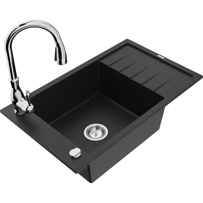 Mexen Elias chiuvetă de granit cu 1 compartiment cu scurgător și baterie de bucătărie Savita, negru - 6511-77-672601-00