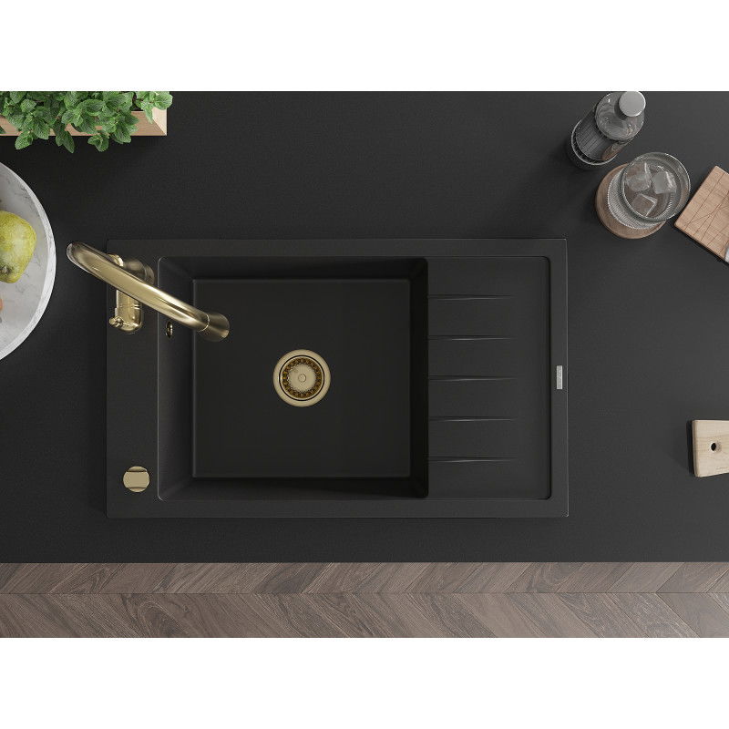 Mexen Elias gránit mosogató 1-medencés csepegtetővel és Savita konyhai csapteleppel, fekete - 6511-77-672601-50