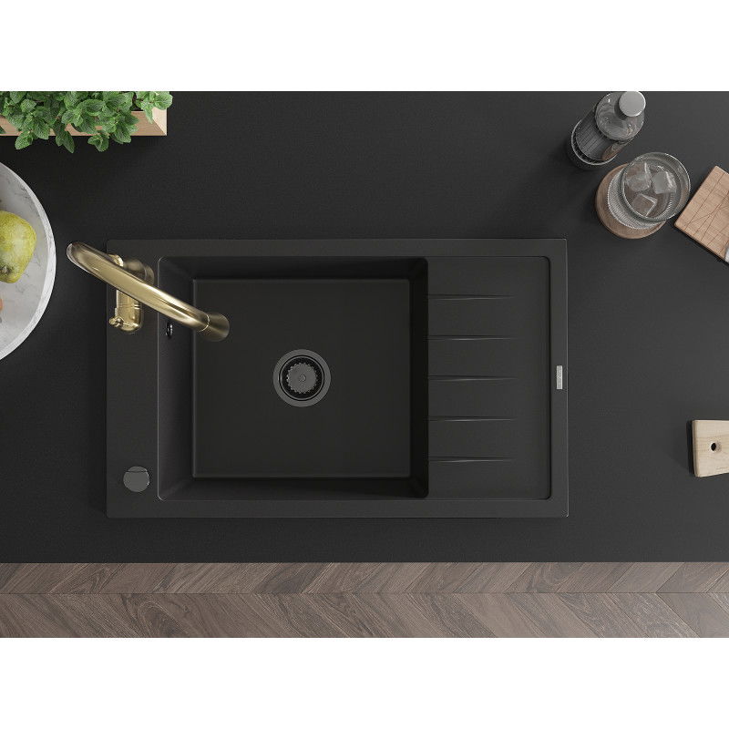 Mexen Elias egymedencés gránit mosogató csepegtetővel és Savita konyhai csapteleppel, fekete - 6511-77-672601-50-B