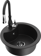 Mexen Diego gránit mosogató egykamrás Savita konyhai csapteleppel, fekete/ezüst metál - 6512-73-672601-70-B