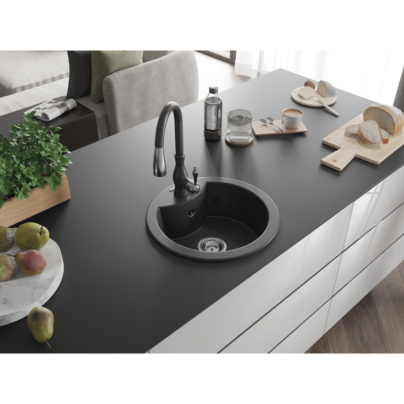 Mexen Diego chiuvetă de granit cu 1 compartiment și baterie de bucătărie Savita, negru punctat - 6512-76-672601-76
