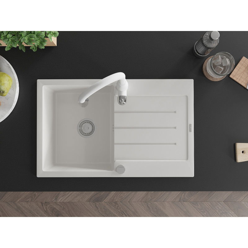 Mexen Bruno chiuvetă granit cu 1 compartiment cu picurător și baterie de bucătărie Savita, alb - 6513-20-672601-20