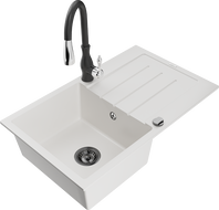 Mexen Bruno chiuvetă de granit cu 1 compartiment cu picurător și baterie de bucătărie Savita, alb - 6513-20-672601-70