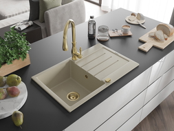 Mexen Bruno chiuvetă din granit cu 1 bazin și scurgător, cu baterie de bucătărie Savita, bej - 6513-69-672601-50