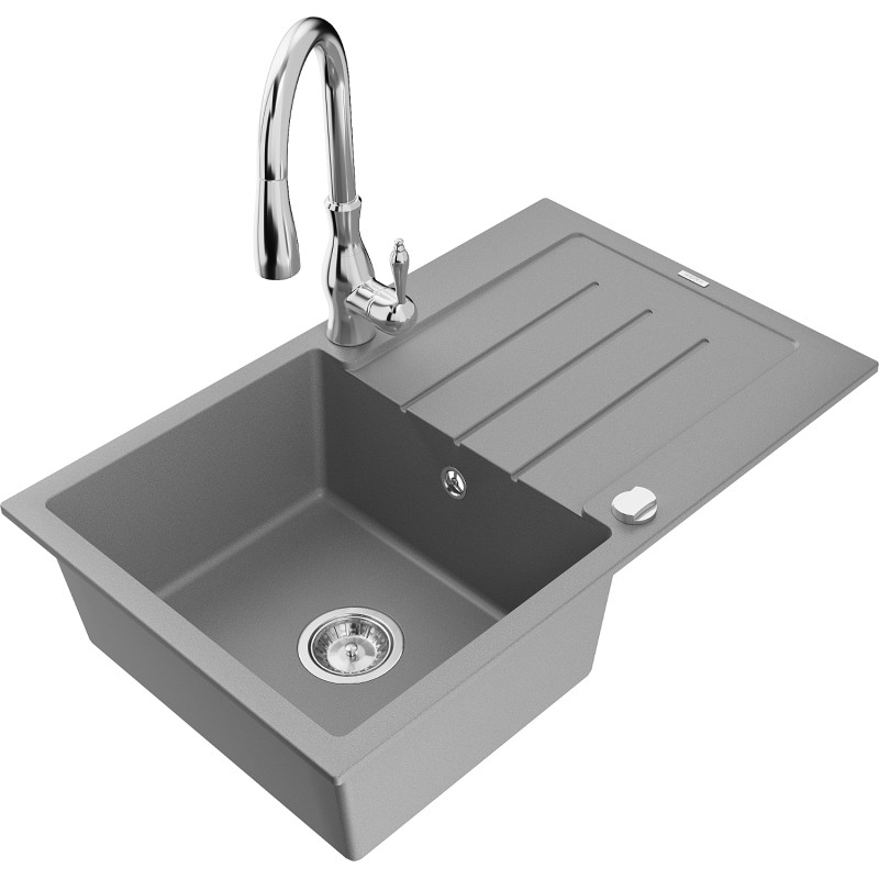 Mexen Bruno chiuvetă de granit cu 1 compartiment cu scurgător și baterie de bucătărie Savita, gri - 6513-71-672601-00