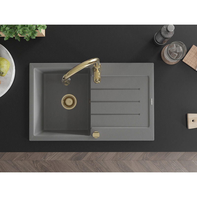 Mexen Bruno chiuvetă de bucătărie din granit, cu o singură cuvă, cu scurgător și baterie Savita, gri - 6513-71-672601-50