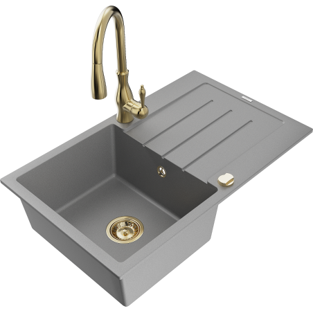 Chiuvetă granit Mexen Bruno 1 cameră cu scurgător și baterie de bucătărie Savita, gri - 6513-71-672601-50