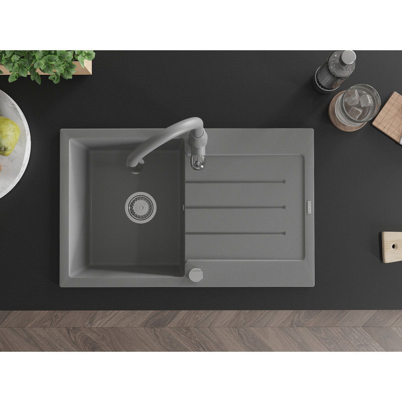 Mexen Bruno gránit mosogató 1-medencés csepegtetővel és Savita konyhai csappal, szürke - 6513-71-672601-71