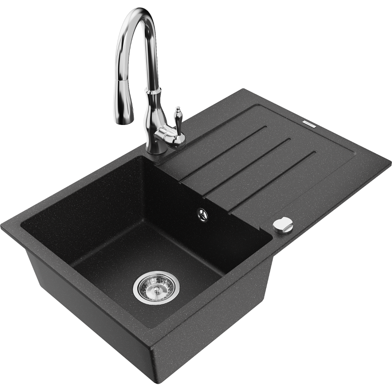 Mexen Bruno chiuvetă de granit cu o cuvă cu scurgător și baterie de bucătărie Savita, negru/argintiu metalic