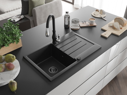 Chiuvetă Mexen Bruno din granit, 1 compartiment cu scurgător și baterie bucătărie Savita, negru/argintiu - 6513-73-672601-70-B