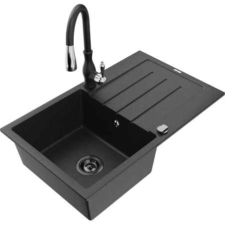 Mexen Bruno chiuveta de granit cu o cuvă, cu picurător și baterie de bucătărie Savita, negru/argintiu - 6513-73-672601-70-B