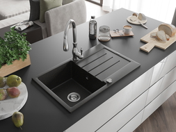 Chiuvetă granit Mexen Bruno cu 1 compartiment, picurător și baterie bucătărie Savita, negru/auriu metalizat - 6513-75-672601-00