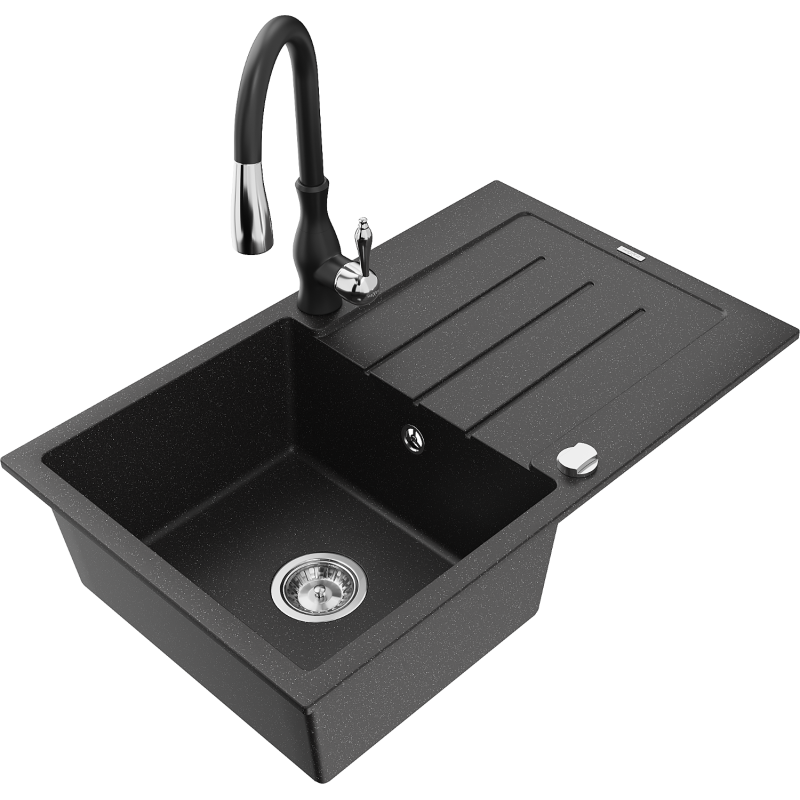 Mexen Bruno chiuvetă din granit cu o cuvă cu scurgător și baterie de bucătărie Savita, negru/metalic argintiu