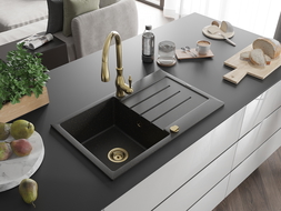 Chiuvetă de granit Mexen Bruno 1-cameră cu scurgător și baterie de bucătărie Savita, negru/auriu metalizat - 6513-75-672601-50