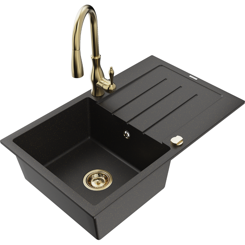 Chiuvetă de granit Mexen Bruno 1-cameră cu scurgător și baterie de bucătărie Savita, negru/auriu metalizat - 6513-75-672601-50