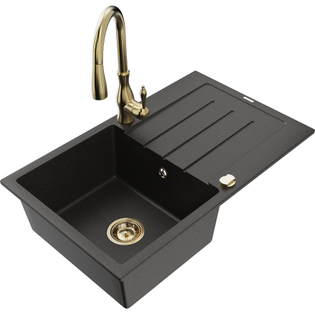 Chiuvetă de granit Mexen Bruno 1-cameră cu scurgător și baterie de bucătărie Savita, negru/auriu metalizat - 6513-75-672601-50