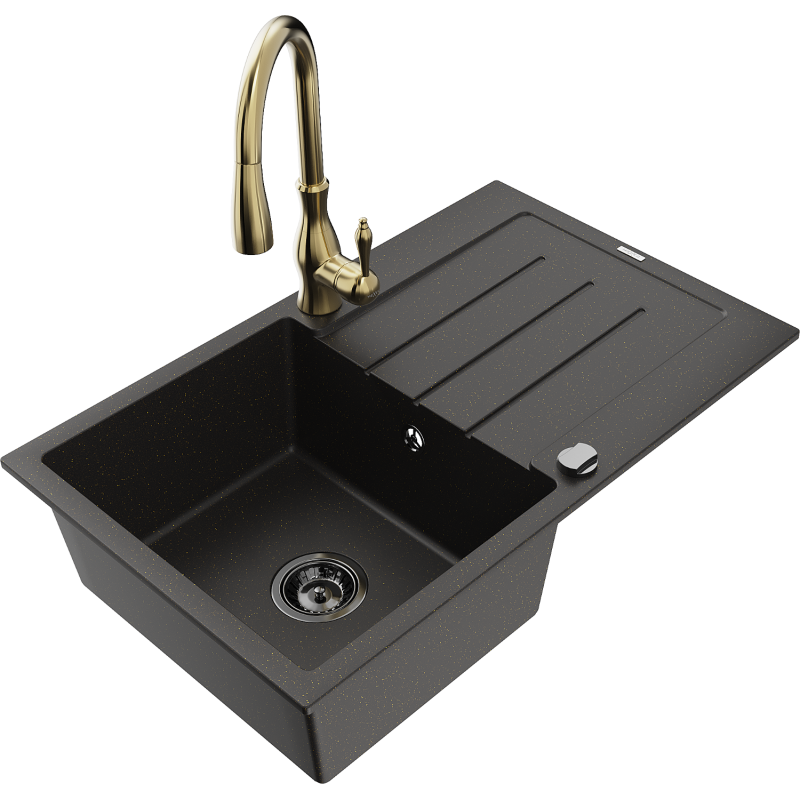 Mexen Bruno chiuvetă de granit cu o cuvă și picurător și baterie de bucătărie Savita, negru/auriu metalizat