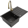Mexen Bruno chiuvetă de granit cu o cuvă și picurător și baterie de bucătărie Savita, negru/auriu metalizat