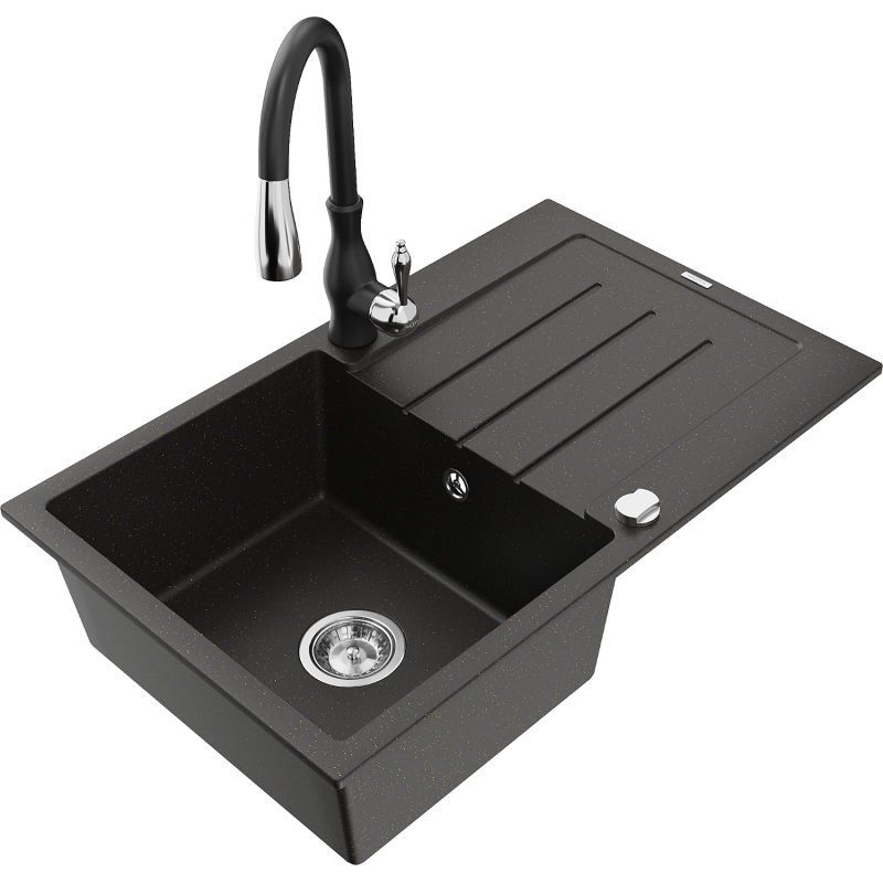 Mexen Bruno chiuvetă de granit cu 1 cuvă, cu picurător și baterie de bucătărie Savita, negru/auriu metalic