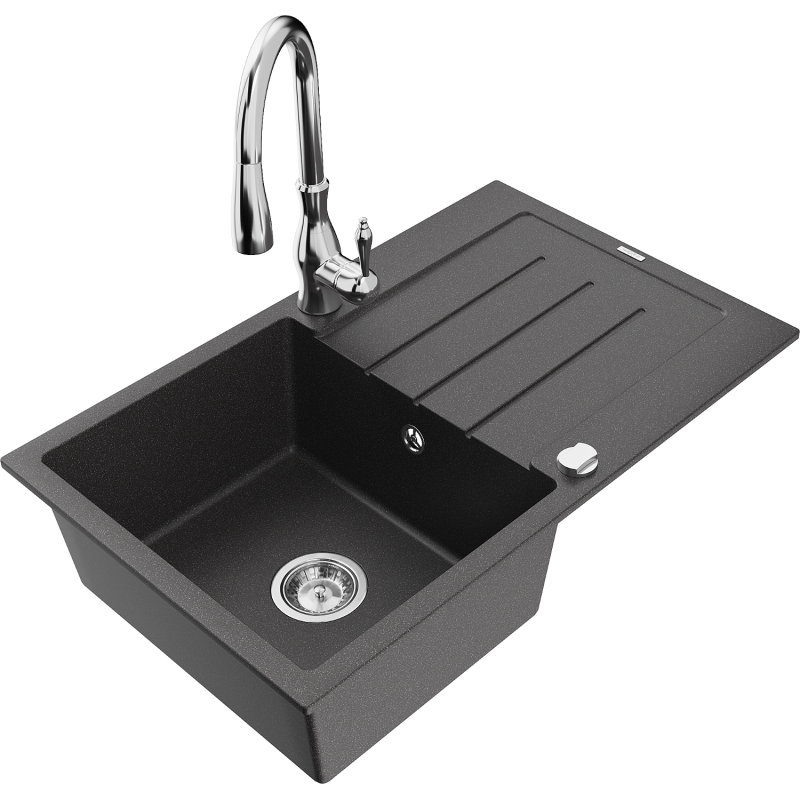 Mexen Bruno chiuvetă de granit cu o singură cuvă cu scurgător și robinet de bucătărie Savita, negru cu pete