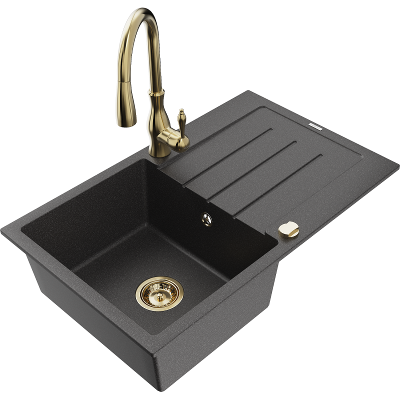 Mexen Bruno chiuvetă granit 1-camere cu scurgător și baterie de bucătărie Savita, negru cu pete - 6513-76-672601-50