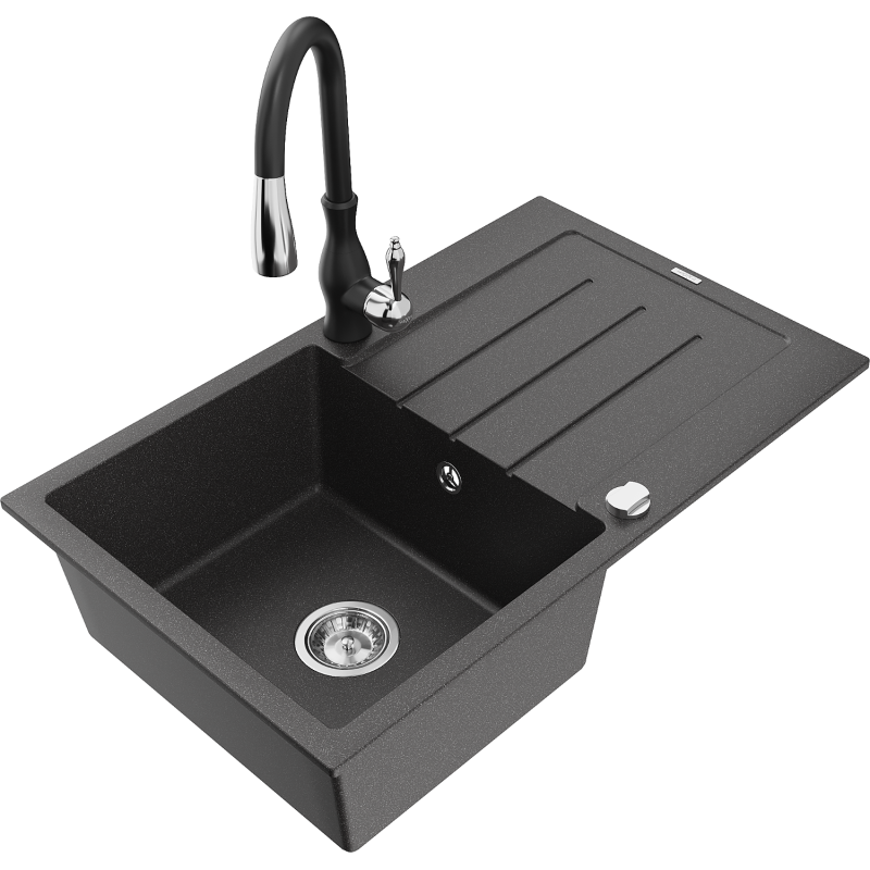 Mexen Bruno chiuvetă de granit cu o singură cuvă și picurător și robinet de bucătărie Savita, negru cu pete - 6513-76-672601-70