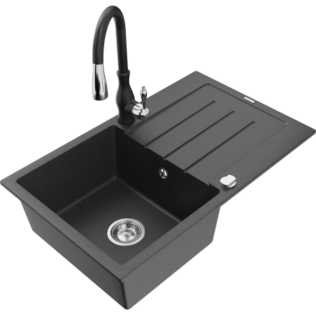 Mexen Bruno chiuvetă de granit cu o singură cuvă și picurător și robinet de bucătărie Savita, negru cu pete - 6513-76-672601-70