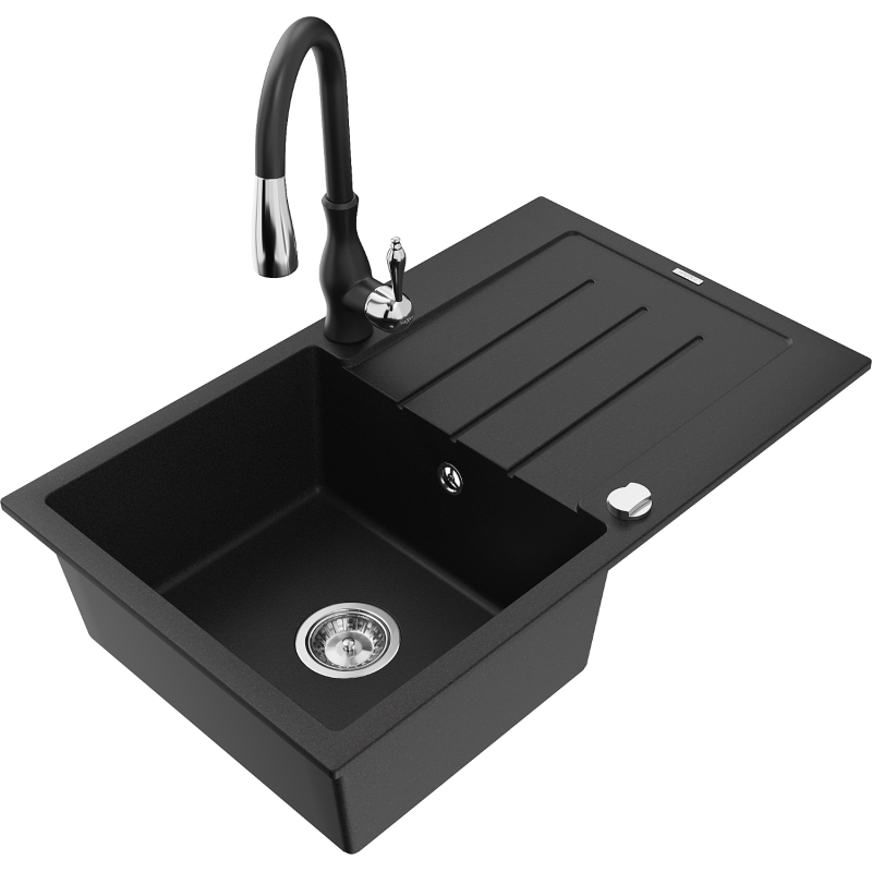 Mexen Bruno chiuvetă de granit cu 1 compartiment cu picurător și baterie de bucătărie Savita, negru - 6513-77-672601-70