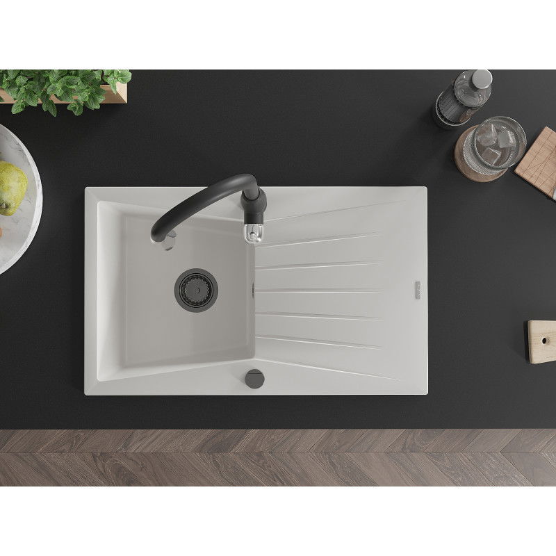 Mexen Cesar 1-medencés gránit mosogató csepegtetővel és Savita konyhai csapteleppel, fehér - 6514-20-672601-70