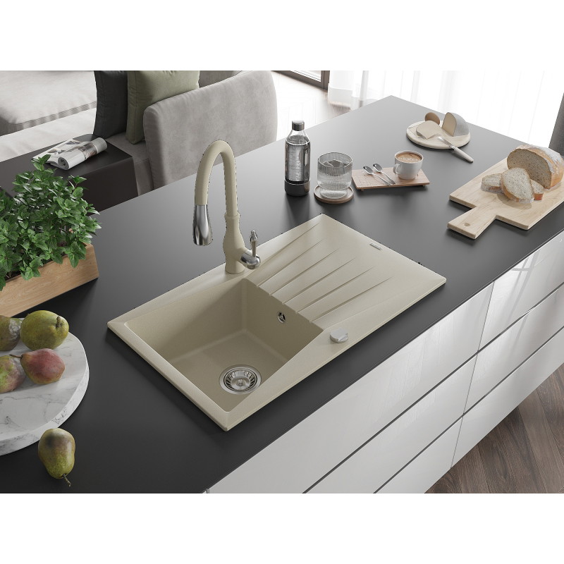 Mexen Cesar chiuvetă de granit cu o cuvă și scurgător și baterie de bucătărie Savita, bej - 6514-69-672601-69
