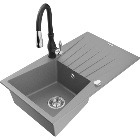 Mexen Cesar chiuvetă granitică cu o cuvă și scurgător și baterie de bucătărie Savita, gri - 6514-71-672601-70