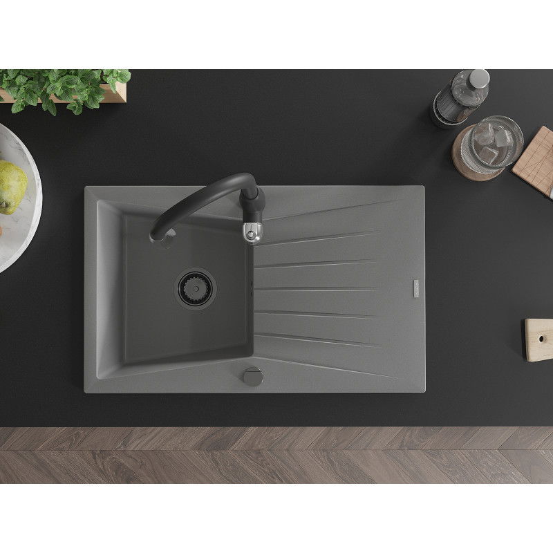 Mexen Cesar chiuvetă de granit cu 1 cuvă cu picurător și baterie de bucătărie Savita, gri - 6514-71-672601-70-B