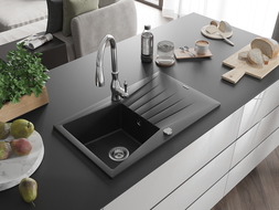 Chiuvetă granit Mexen Cesar cu 1 compartiment, scurgător și baterie Savita, negru/argintiu metalic - 6514-73-672601-00