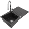 Mexen Cesar chiuvetă de granit cu 1 cuvă cu picurător și baterie de bucătărie Savita, negru/argintiu metalizat