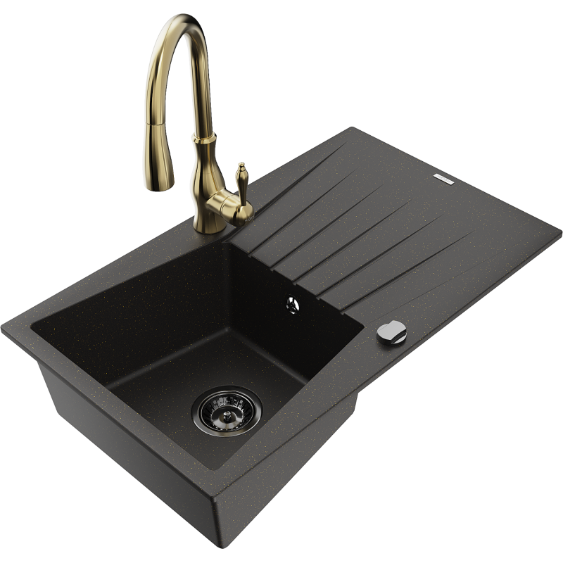Mexen Cesar chiuvetă de bucătărie din granit cu 1 compartiment cu scurgător și baterie de bucătărie Savita, negru/auriu