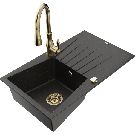 Chiuvetă granit Mexen Cesar 1-compartiment cu picurător și baterie Savita, negru/auriu metalizat - 6514-75-672601-50