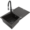 Mexen Cesar chiuvetă din granit cu o cuvă cu scurgător și baterie de bucătărie Savita, negru/auriu metalic