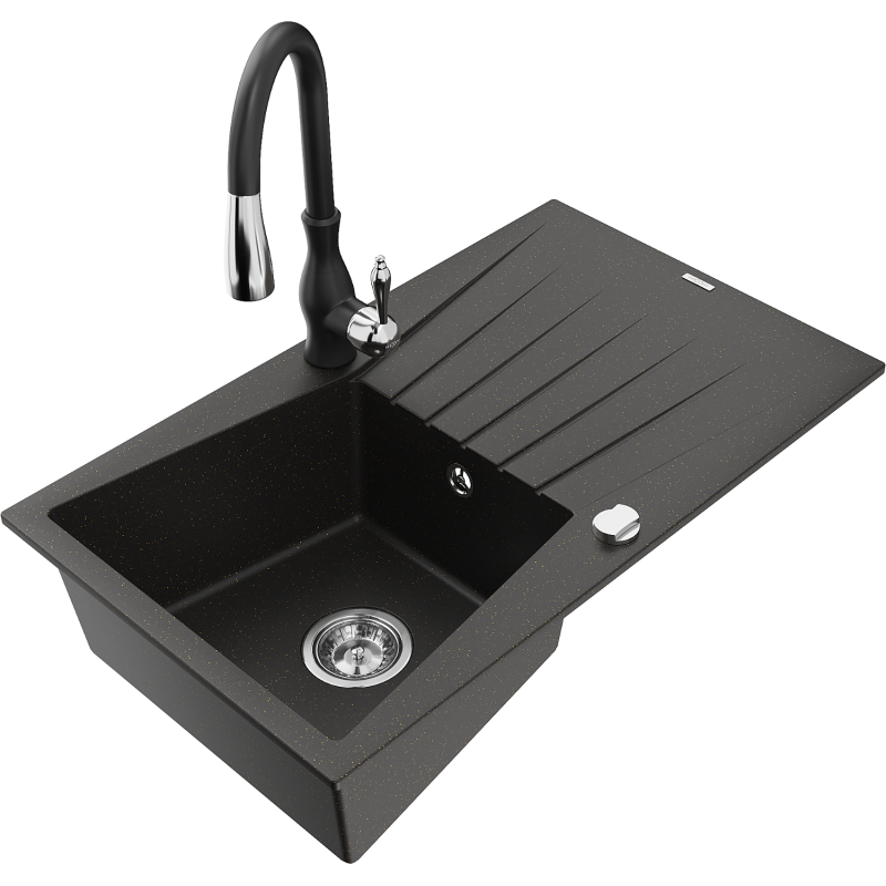 Mexen Cesar chiuvetă de bucătărie din granit cu 1 compartiment, cu scurgător și baterie din seria Savita, negru/auriu