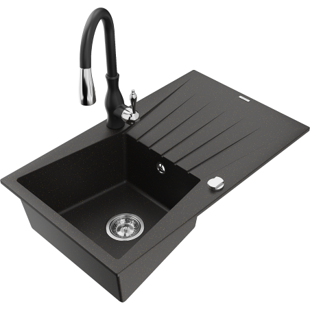 Mexen Cesar chiuvetă de bucătărie din granit cu 1 compartiment, cu scurgător și baterie din seria Savita, negru/auriu