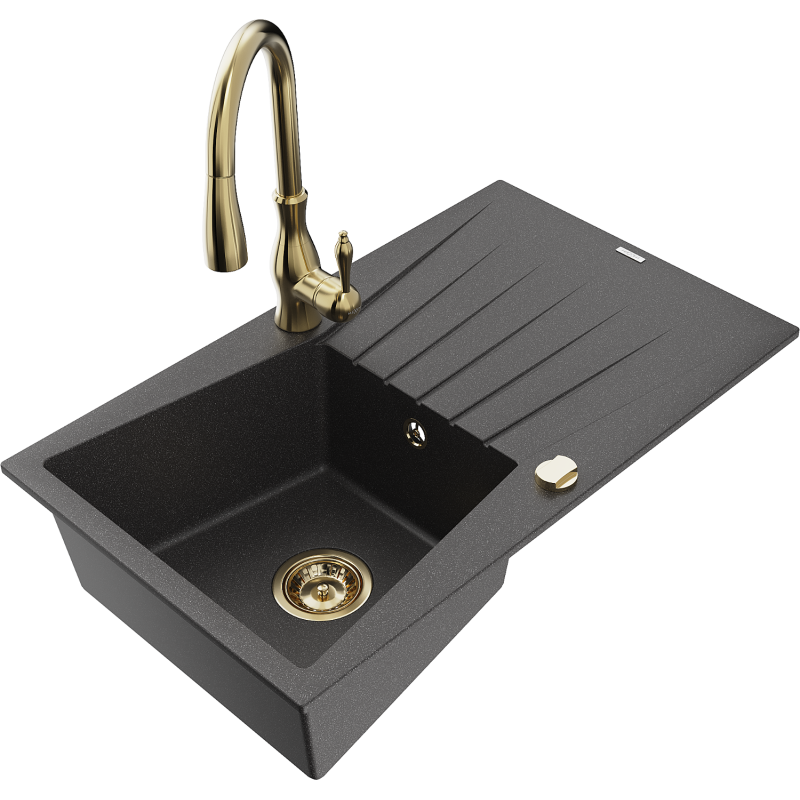 Mexen Cesar chiuvetă de bucătărie din granit cu 1 compartiment, cu scurgător și baterie Savita, neagră cu puncte