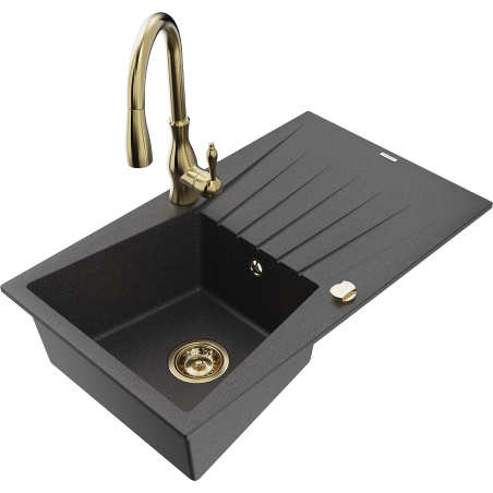 Mexen Cesar 1-medencés gránit mosogató csepegtetővel és konyhai csapteleppel Savita, fekete pettyes - 6514-76-672601-50