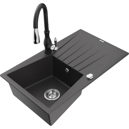 Mexen Cesar egykamrás gránit mosogató csepptálcával és Savita konyhai csapteleppel, fekete pöttyös - 6514-76-672601-70