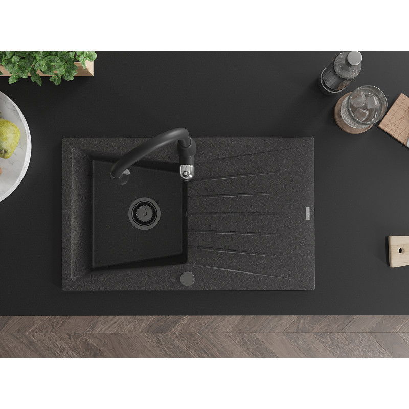Mexen Cesar egymedencés gránit mosogató csepptálcával és Savita konyhai csapteleppel, fekete pöttyös - 6514-76-672601-70-B