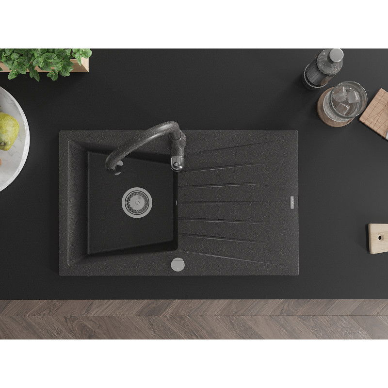 Mexen Cesar 1 rekeszes gránit mosogató lefolyóval és Savita konyhai csapteleppel, fekete pettyes - 6514-76-672601-76