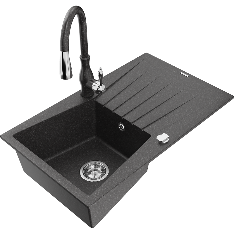 Chiuvetă de granit Mexen Cesar cu 1 cuvă, cu scurgător și baterie de bucătărie Savita, negru cu pete - 6514-76-672601-76