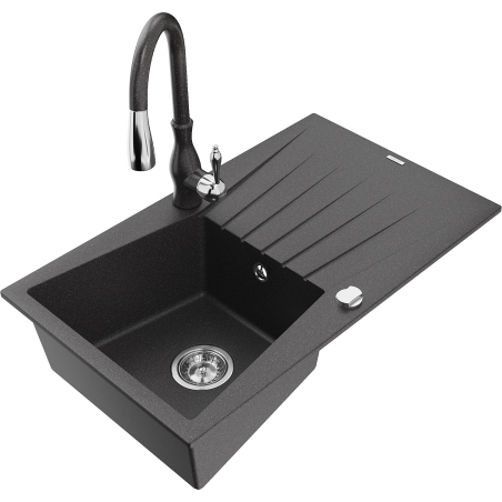 Chiuvetă de granit Mexen Cesar cu 1 cuvă, cu scurgător și baterie de bucătărie Savita, negru cu pete - 6514-76-672601-76