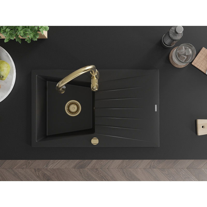 Mexen Cesar gránit mosogató 1 medencés, csepegtetős, Savita konyhai csapteleppel, fekete - 6514-77-672601-50