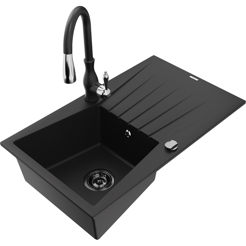 Mexen Cesar chiuvetă de granit cu 1 compartiment cu scurgător și baterie de bucătărie Savita, negru - 6514-77-672601-70-B