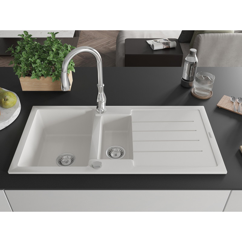 Mexen Andres gránit mosogató 1,5 rekeszes, lefolyóval és konyhai csappal Savita, fehér - 6515-20-672601-00